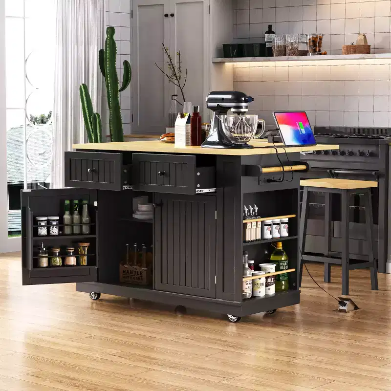 48-inch Large Kitchen Island with Folding Leaf Panel, 5-Wheel Mobile Storage Cart with 5 Open Side Shelves (Does Not Include Stools) Black