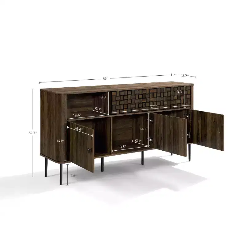 Dark Oak Manufactured Wood with Basket Weave 3-Door and 2-Sliding Door Sideboard Cabinet