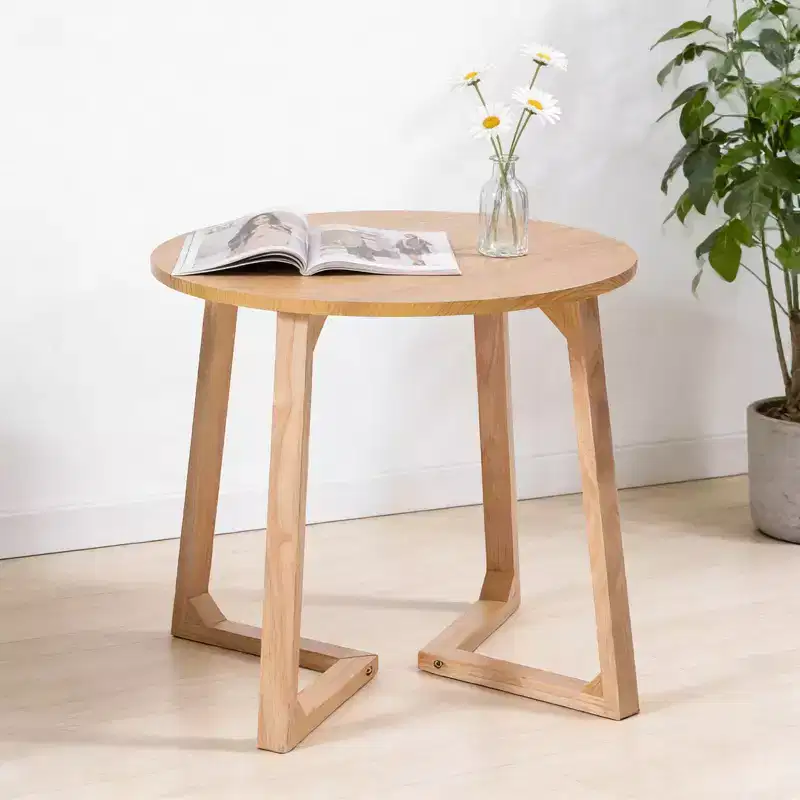 24'' Round End Table, Mid Century Modern Solid Wood Sofa Side Table with V-Shaped Legs, Small Coffee Table for Small Space