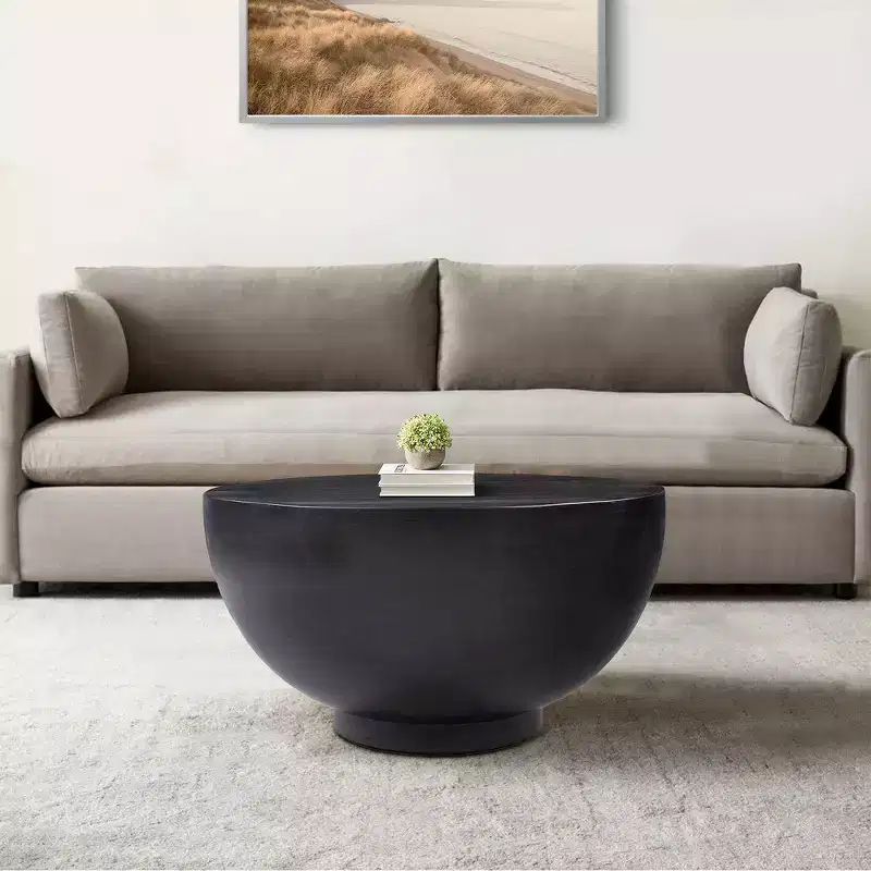 Royal Hampton 30 Inch Modern Art Coffee Table, Round Drum Shape, Solid Mango Wood