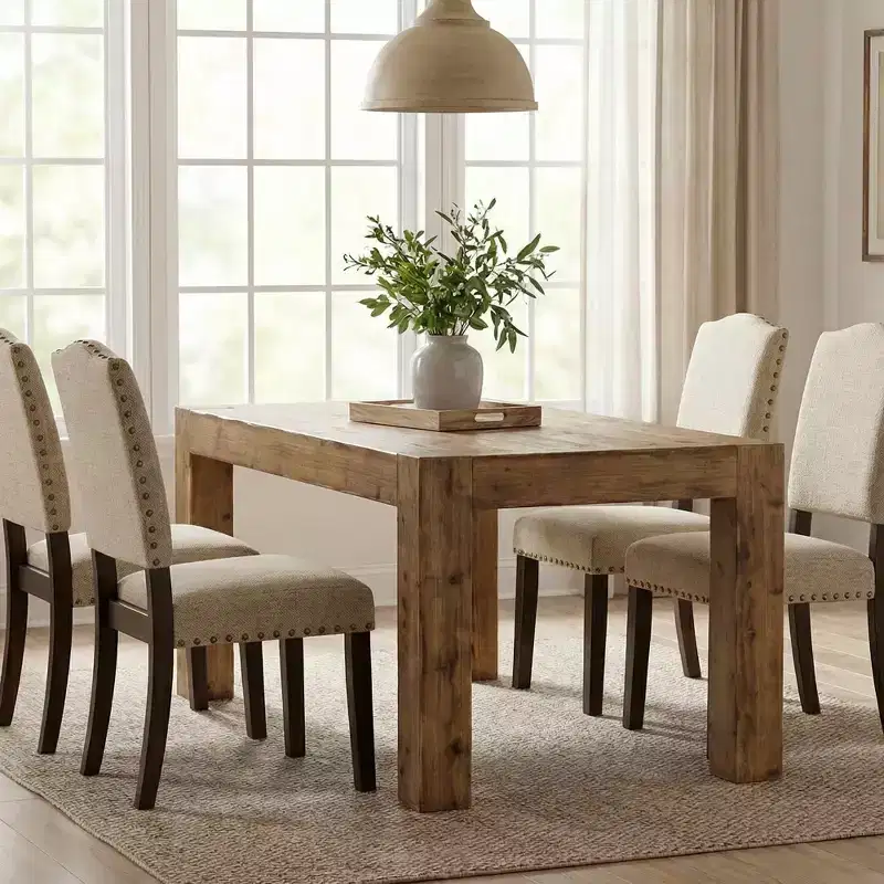 MAYEERTY 63 Solid Wood Farmhouse Dining Table, Rustic Brown 4-6 Seater Thick Top Multiuse Kitchen & Office Table