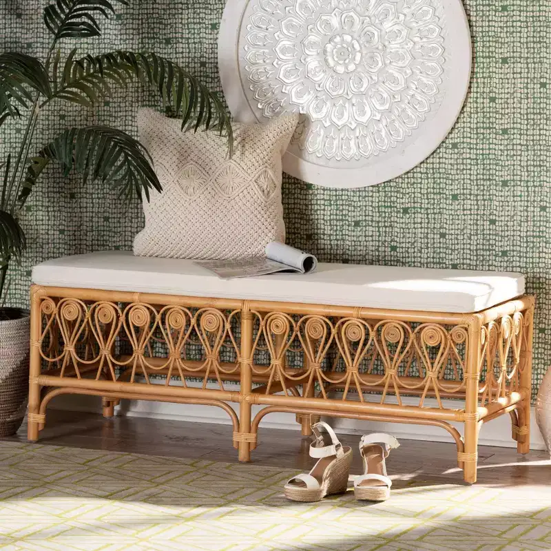 bali & pari Ibiza Rattan Bench White/Light Honey: Handcrafted, Plush Cushion, No Assembly Required