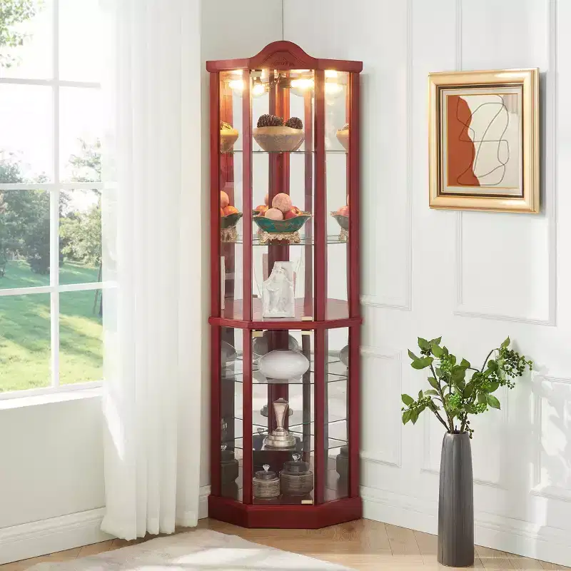 Corner Glass Display Cabinet with Light, Carved Decoration, and Adjustable Shelves for Bar or Wine Storage