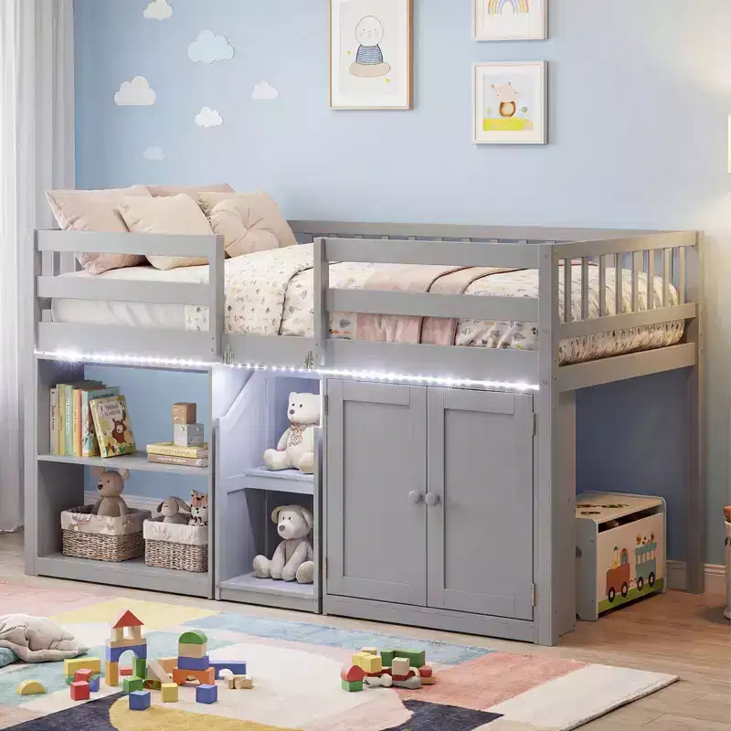 Low Loft Bed with LED Light, Stairs & Guardrails, Kids Twin Bed