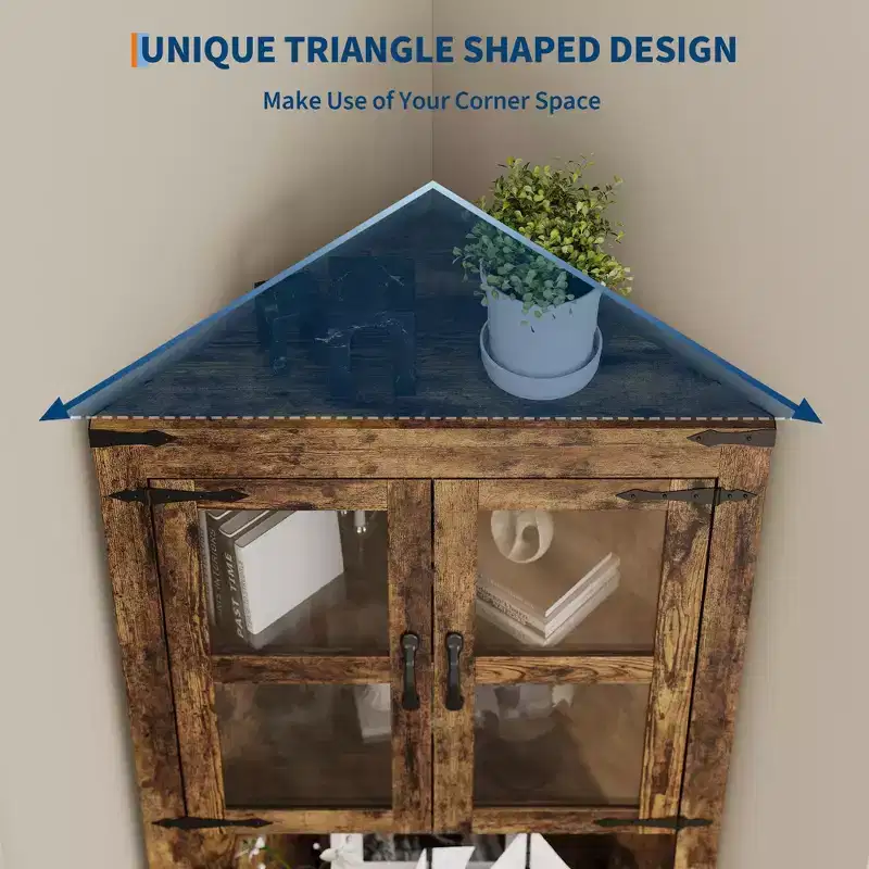 Farmhouse Corner Storage Cabinet Lighted Tall Space-Saving with Adjustable Shelves Glass Door Entryway Display Unit Living Room Kitchen