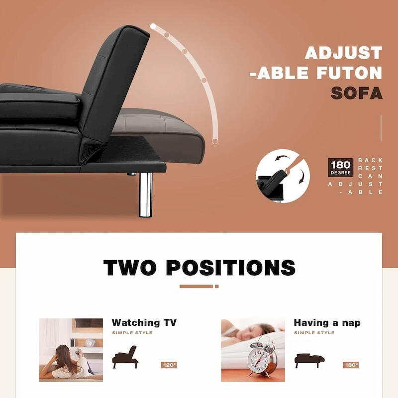 Furniwell Modern Faux Leather Futon with Cup Holders & Pillows, 65