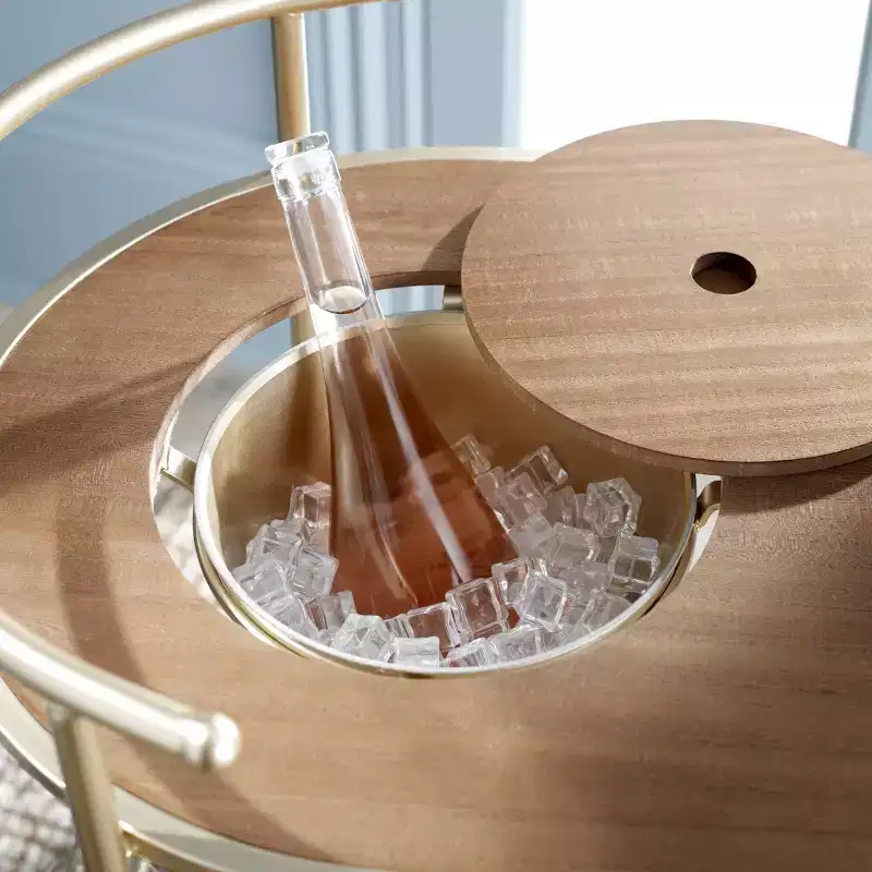 2-Tier Bar Cart with Ice Bucket, Brushed Gold & Natural Wood, Home Entertaining