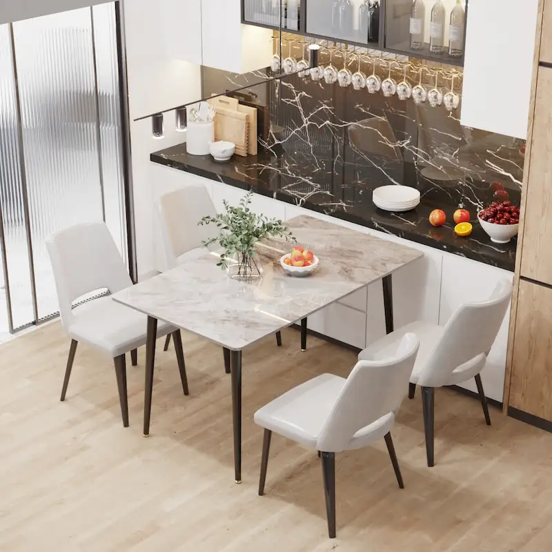 6 Seater Kitchen Dining Table Modern Marble Tabletop Rectangular with Tapered Metal Legs