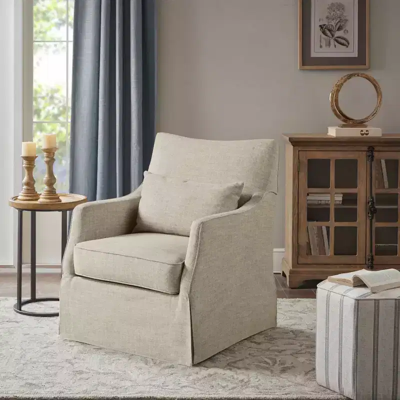 Martha Stewart London Skirted Swivel Chair Textured Beige: Farmhouse Style, Polyester Upholstery, Wood Frame