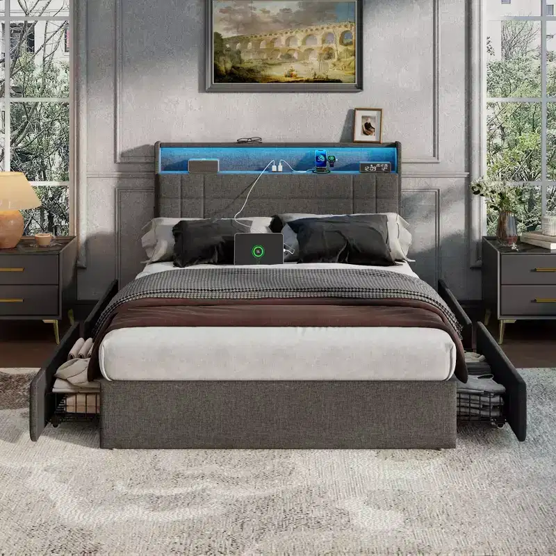Full Size Upholstered Platform Bed – 4 Storage Drawers, LED Lights & Charging Station, Gray