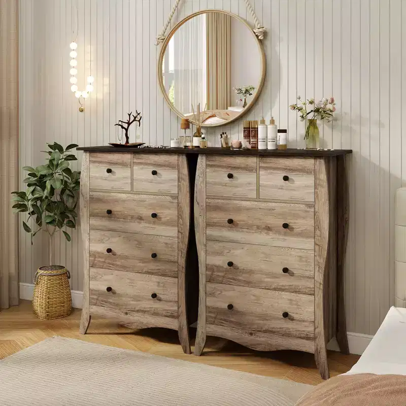 Costway 2PCS 38 Farmhouse Chest of Drawers w/ 5 Folding Fabric Drawers & Anti-tipping Kit