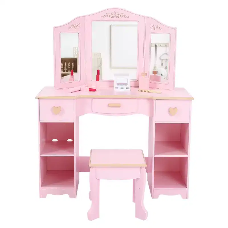 Pink Kids Vanity Set with Tri-Fold Mirror, Stool & Storage