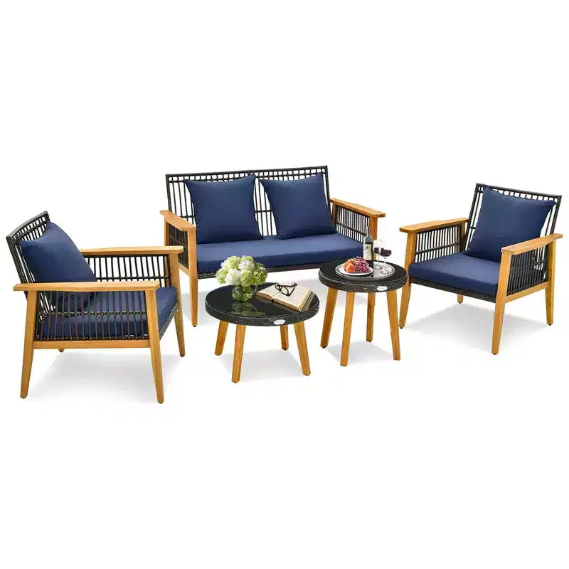 Costway 5PCS Outdoor Rattan Woven Conversation Set Stable Acacia Wood Frame for Backyard Navy/Beige
