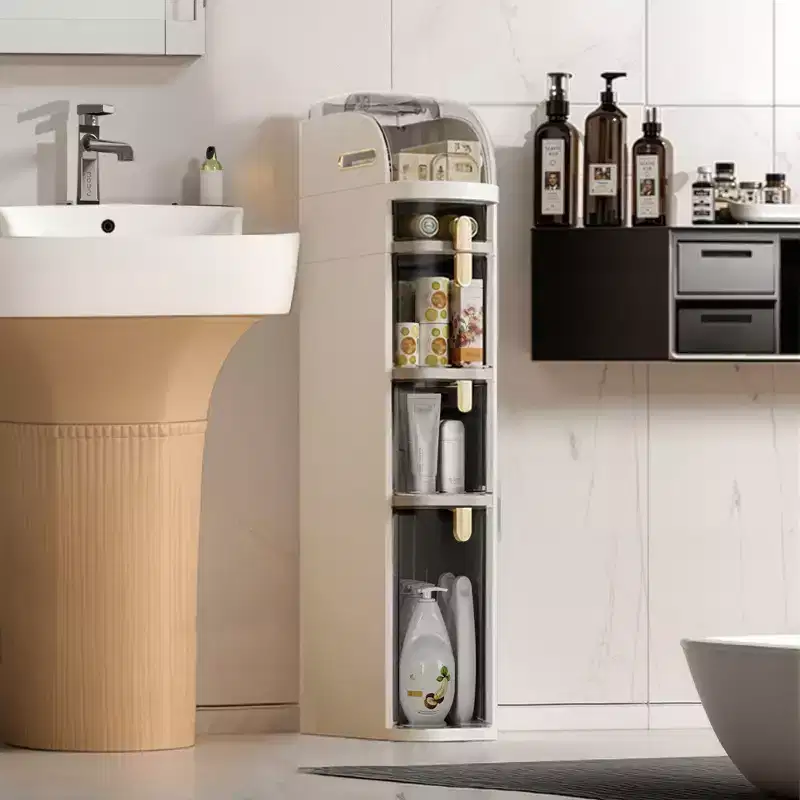 Slim Bathroom Storage Cabinet, Narrow Cabinet with Drawers,Wheels, Handle,Toilet Paper Holder, Plastic Rolling Floor Organizer for Bathroom, Kitchen