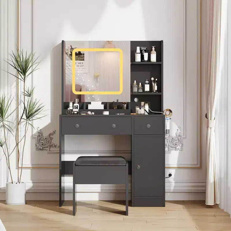COZONY Vanity Table Set with Mirror & Stool, Adjustable Color Mirror, 3 Drawers, 3 Open Shelves & Cabinet