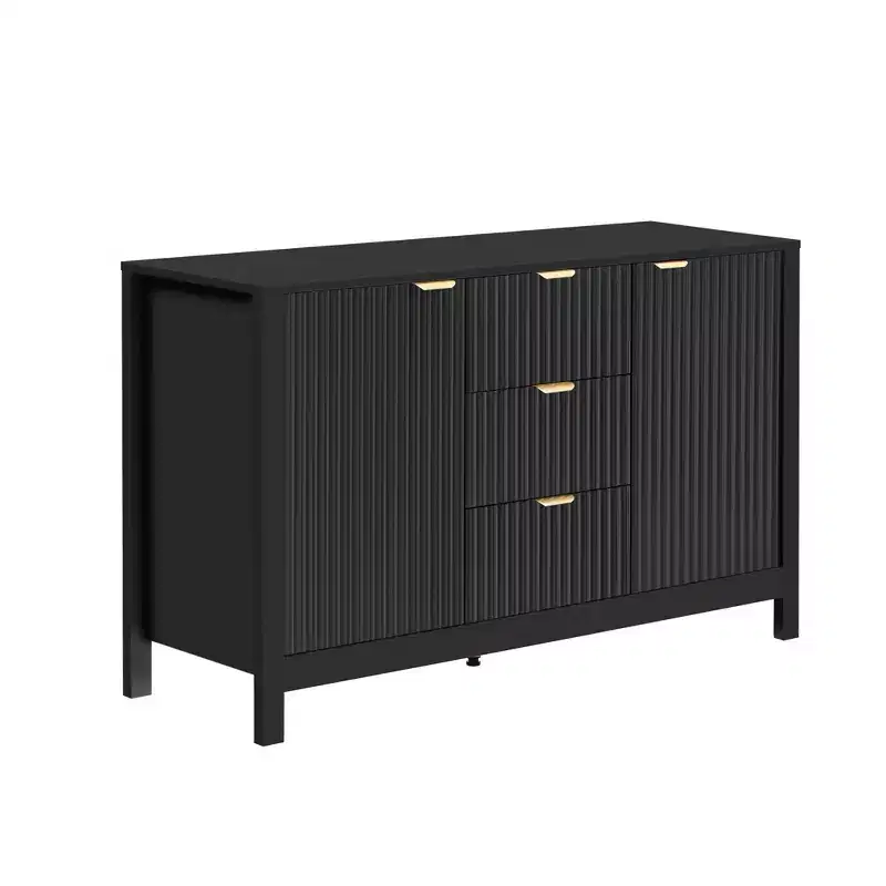 Sideboard with Wave Design - 3 Adjustable Shelves, 3 Drawers & Soft-Close Doors, Storage Console Table with Metal Handles