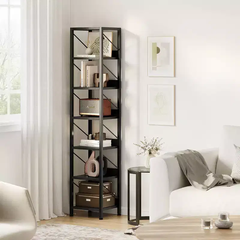 6-Tier Narrow Bookcase with Edge Protection, Wood and Iron Frame