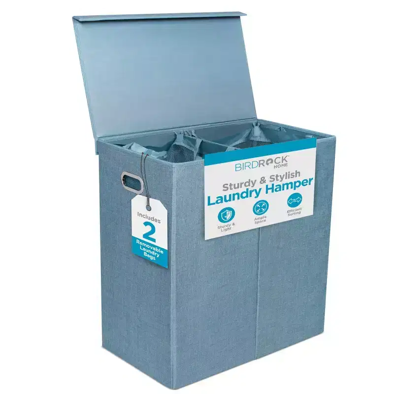 BirdRock Home Double Linen Laundry Hamper with Lid and Removable Liner - Light Blue