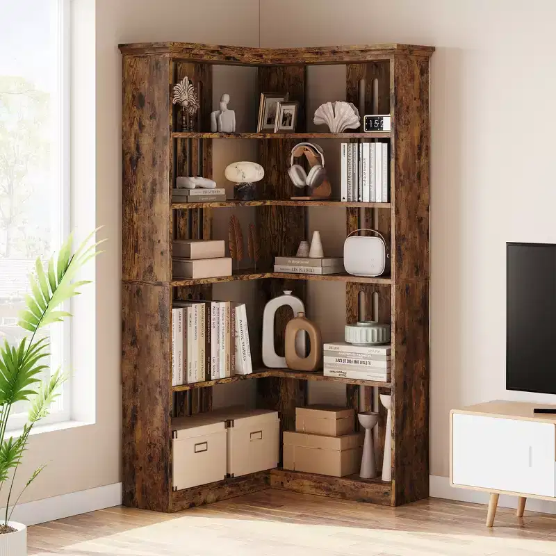 72.8in Tall 5 Tier Corner Bookshelf Farmhouse Bookcase Large Bookshelf Wood Bookcase Corner Shelf L Shaped Bookshelfs Storage Display Rack