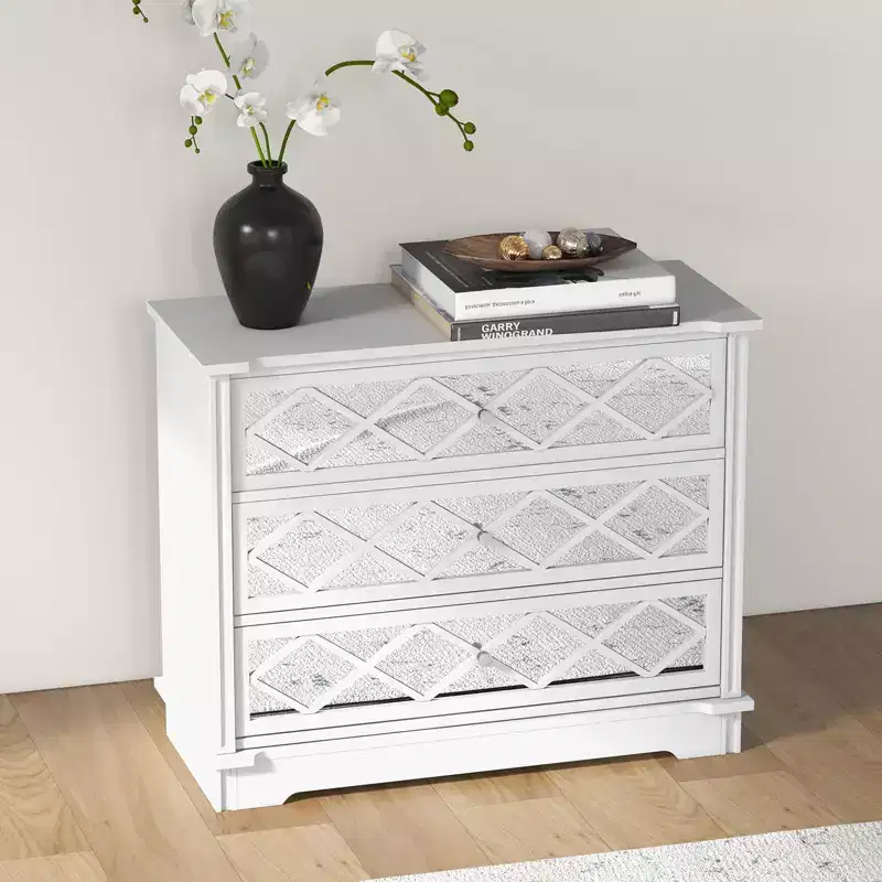 3-Drawer Cabinet with White Acrylic & Diamond-Patterned Mirror