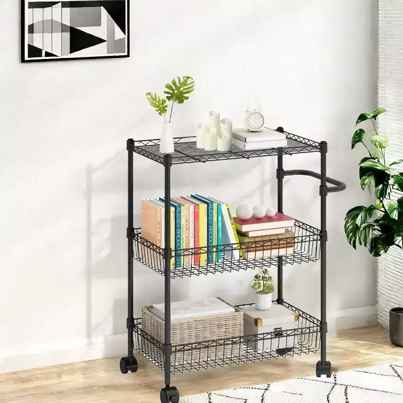 3 Tier Wire Utility Cart with Handle and Adjustable Basket, Kitchen Cart with Metal Wheels, Utility Storage Rack