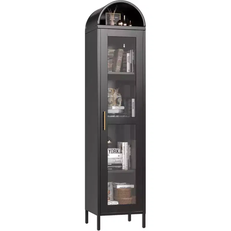 COZONY Freestanding Arched Display Cabinet, Glass Door Shelves Pantry Bookcase for Dining Room Home Office Kitchen