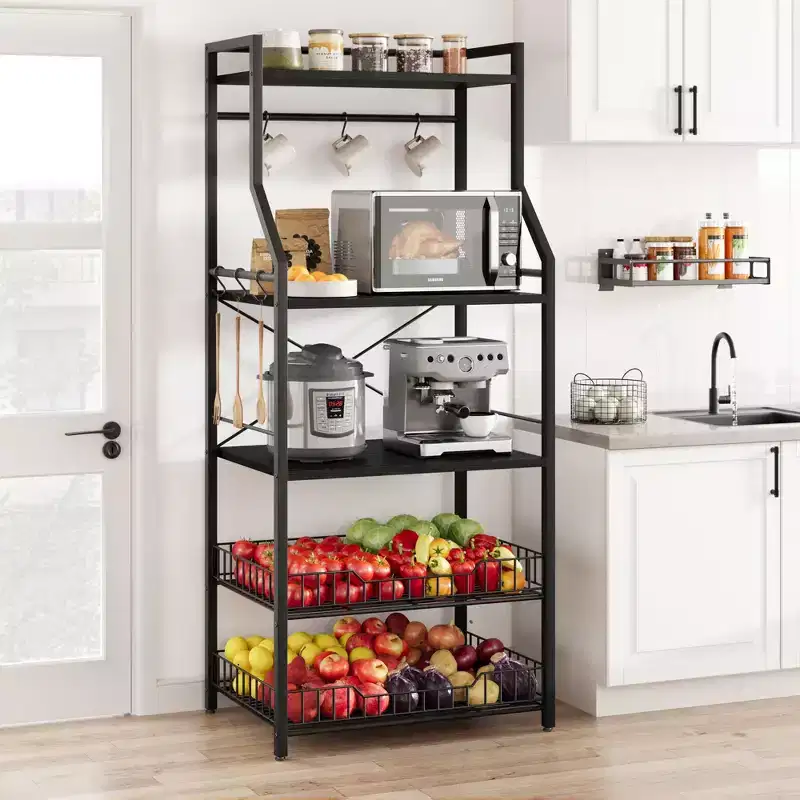 Rustic Microwave Stand, 5-Tier Storage Rack with Adjustable Feet and Anti-Tip Kit, Engineered Wood