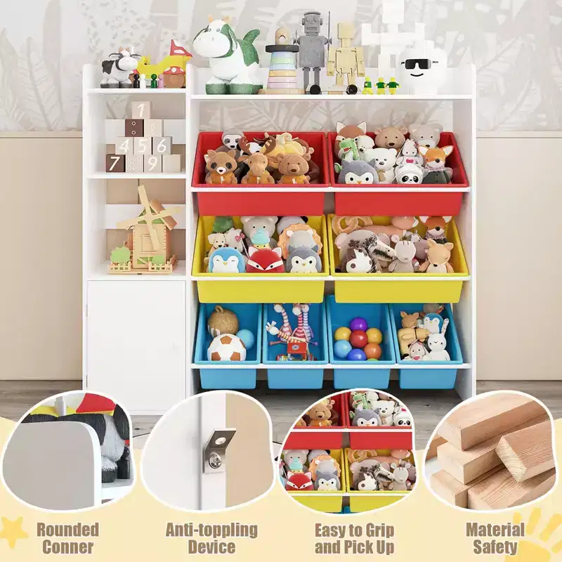 Kids Wood Organizer Cabinet for Storing Games Books Craft, Children Storage Shelf with 8 Removable Bins, Kids Bookcase for Kindergarten Playroom