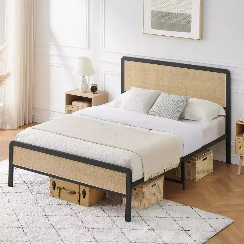 GustoWave Full Size Metal Bed Frame for Adult w/Rattan Headboard and Footboard, Under Bed Storage, No Box Spring Needed