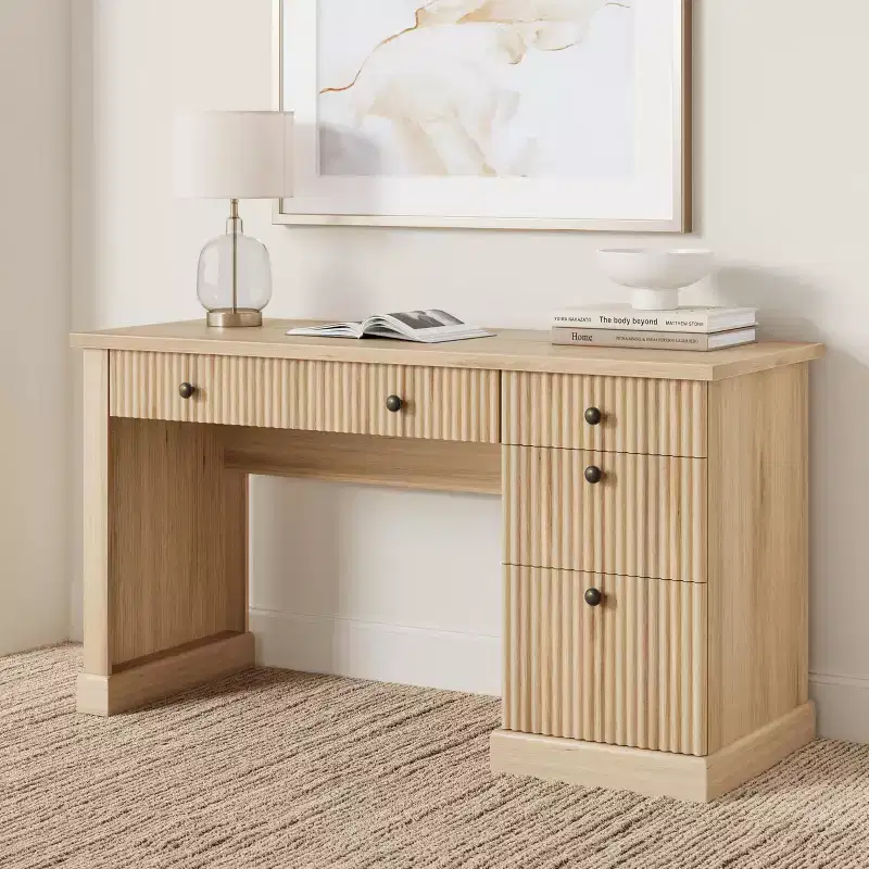 COZONY 60 Fluted Home Office Desk with Storage, Modern Executive Desk with Charging Station & File Drawers