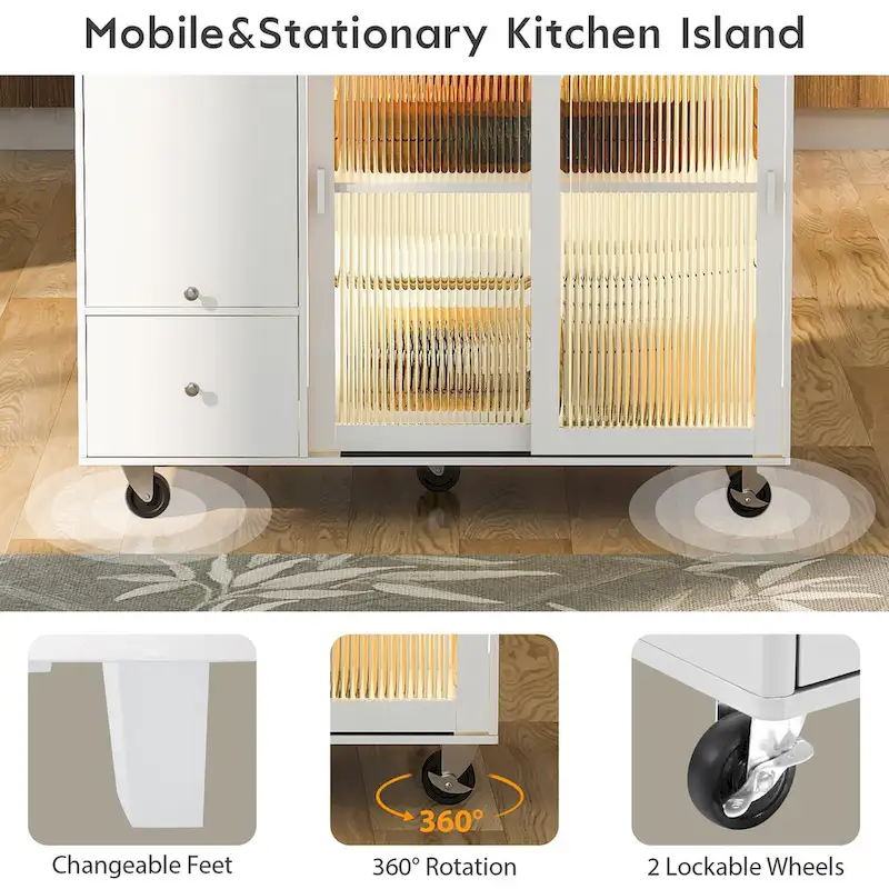 Kitchen Island with Drop Leaf, LED Light