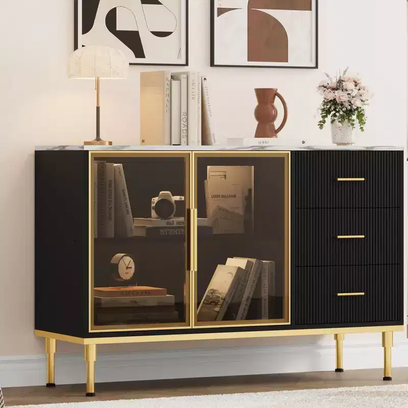 3 Drawers, 2 Glass Doors Marble Top Kitchen Sideboard Cabinet for Dining Room for Kitchen, Living Room, Dining Room, black