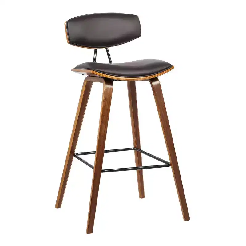Brown/Walnut Mid-Century Low Back Barstool, Faux Leather, Fixed Height, Seats 1