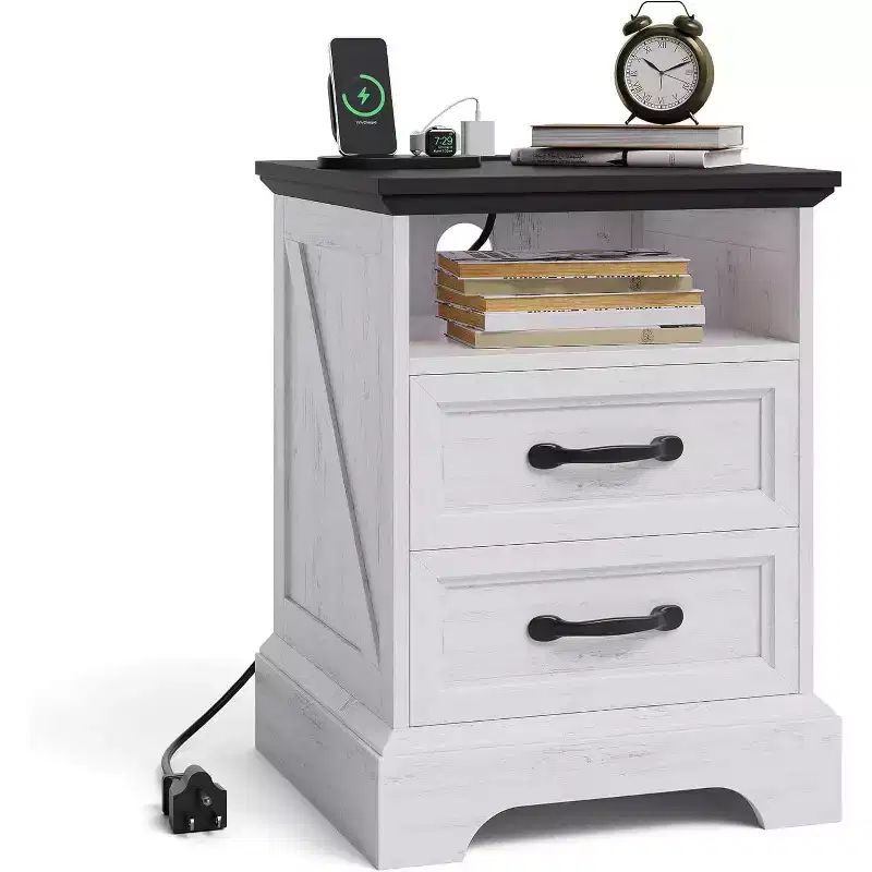 Farmhouse Rustic Nightstand with Charging Station, Modern Wood Bedside Table with 2 Drawers & Open Shelf, White Accent End Table