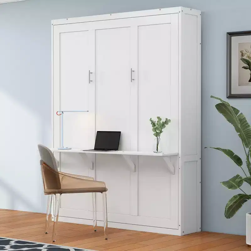 Whisen Full Size Murphy Bed Frame & 61.5 Cabinet Bed Folding Wall Bed with Desk Combo