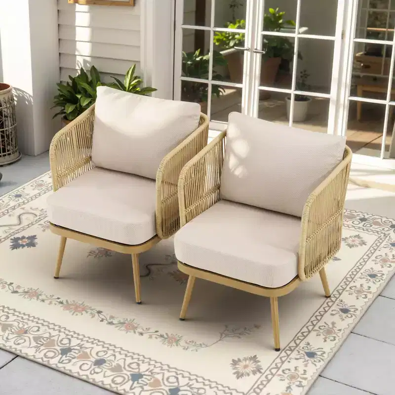 GDFStudio Calista Boho Wicker Barrel Outdoor Accent Chair Set with Cushions (Set of 2)
