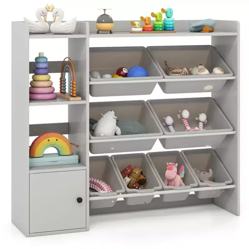 Kids Toy Storage and Bookshelf, Wooden Bookcase with 4 Small Boxes & 4 Large Boxes Gray/White