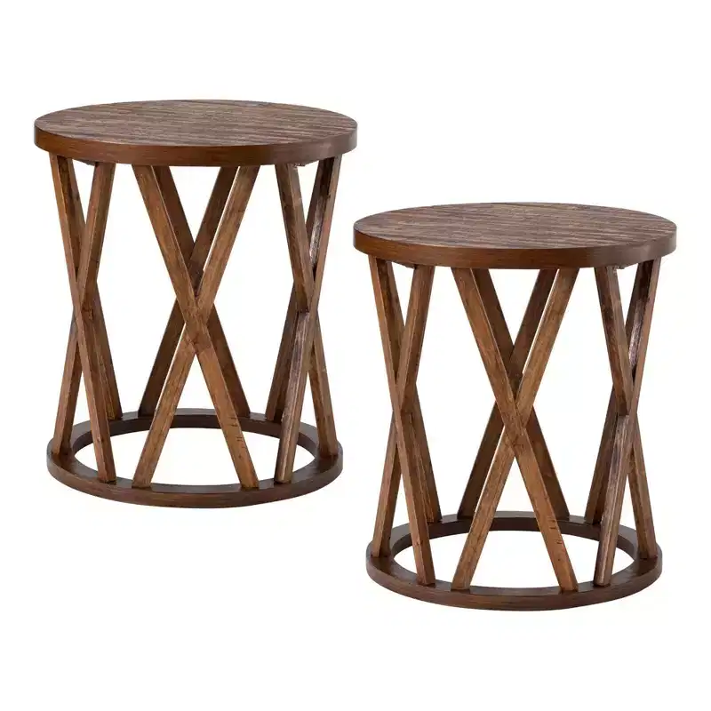 COZAYH Farmhouse End Table, Rustic Round Top with X-Motifs Legs, Brown, Set of 2
