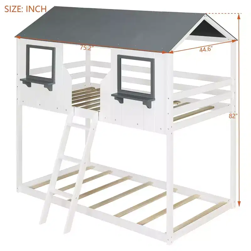 Luxystar Twin Over Twin House Style Bunk Bed with Roof and Window
