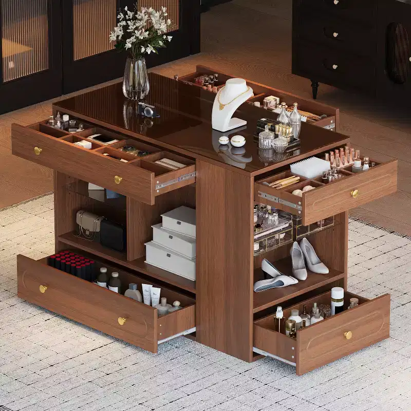 Closet Island with 6 Drawers, Dresser with Glass Display Top & Open Shelves, Jewelry Storage Vanity Island Display Cabinet
