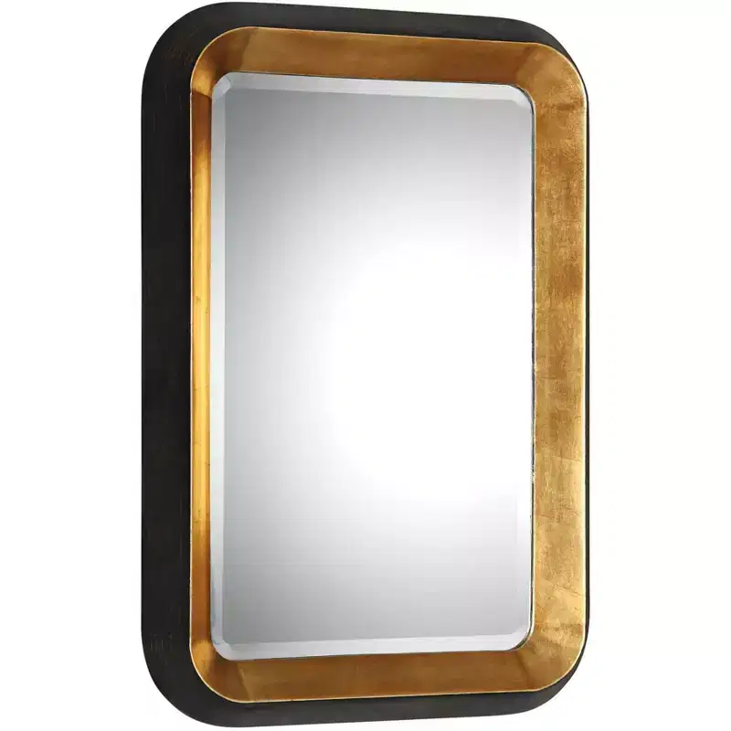 Uttermost Rectangular Vanity Decorative Wall Mirror Art Deco Antiqued Metallic Gold Distressed Black Frame 28 Wide for Bathroom