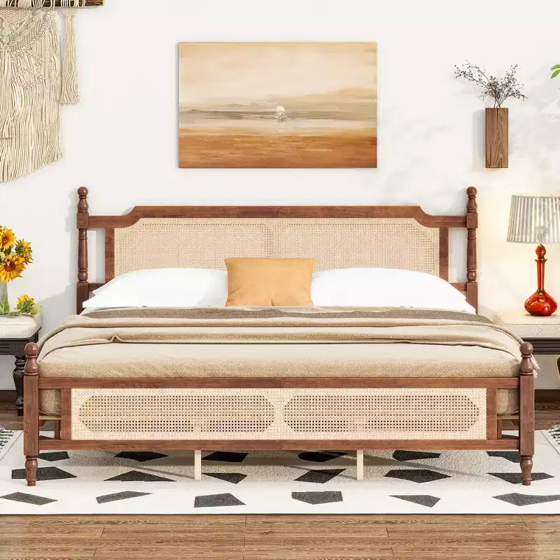 King Pine Wood Bed with Rattan Headboard and Footboard, Brown