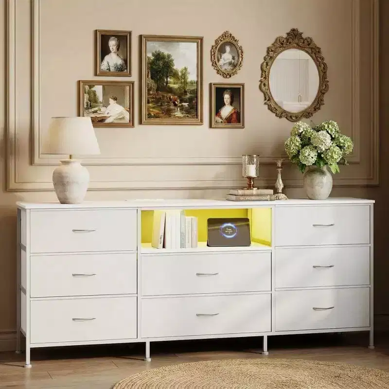63 Inch LED TV Stand Dresser with 8 Fabric Drawers, Steel Frame & LED Lighting, Storage for 65, 70, 75 Inch TVs, Living Room & Bedroom Organizer