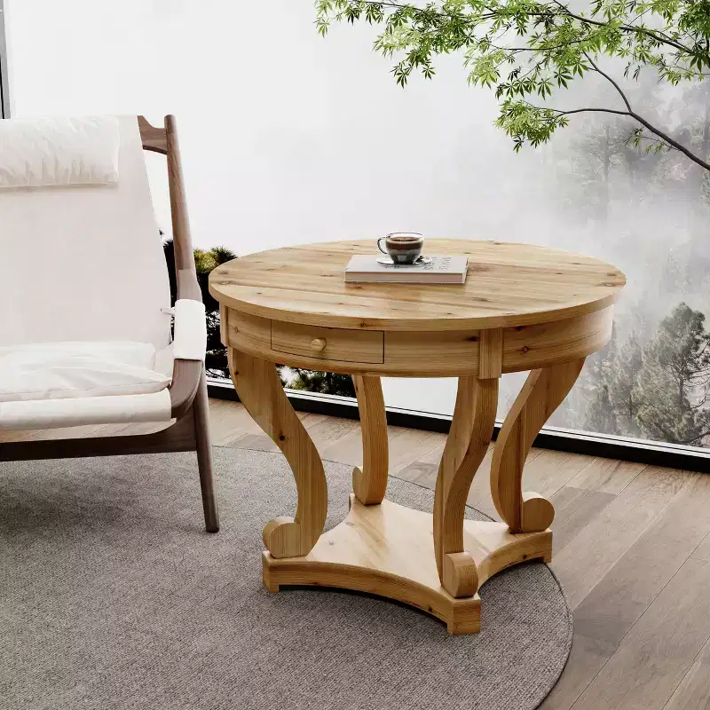 GDFStudio Nicolas Farmhouse Small Size Round Dining Table with 2 Drawers and Curved Legs