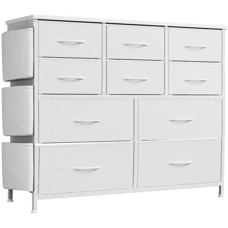 Acekool 10 Drawer Dresser with Side Pockets and Hooks, Tall Chest of Drawers for Bedroom, Living Room, Hallway, White