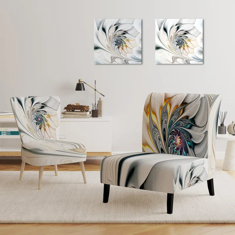 White Stained Glass Floral Upholstered Accent Chair – Rubberwood Frame
