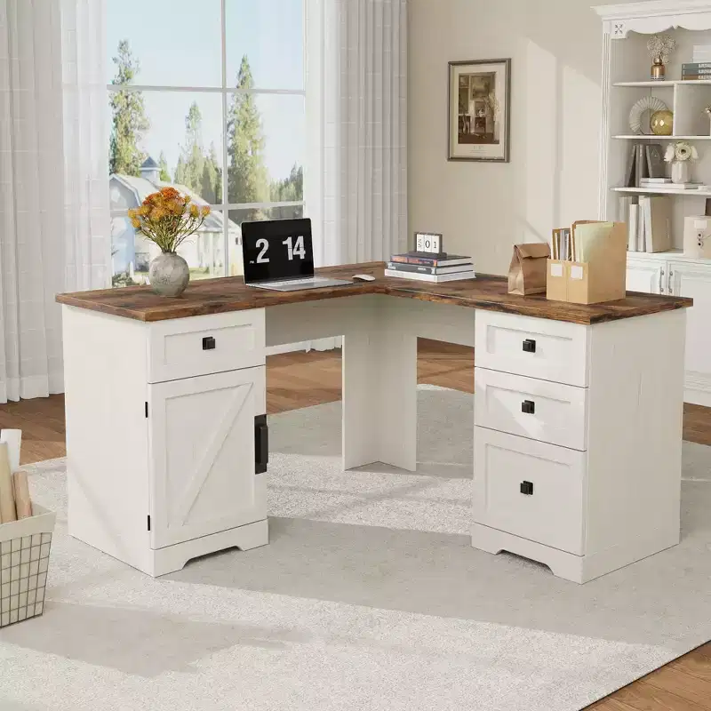 60-inch Executive L-Shaped Desk with File Drawers, Adjustable Storage Cabinet, and Corner Computer Workstation for Home Office