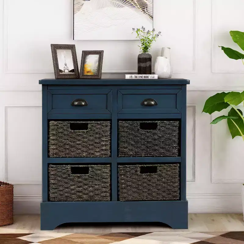 GDFStudio Elsie Solid Wood Storage Cabinet with Drawers and Rattan Baskets