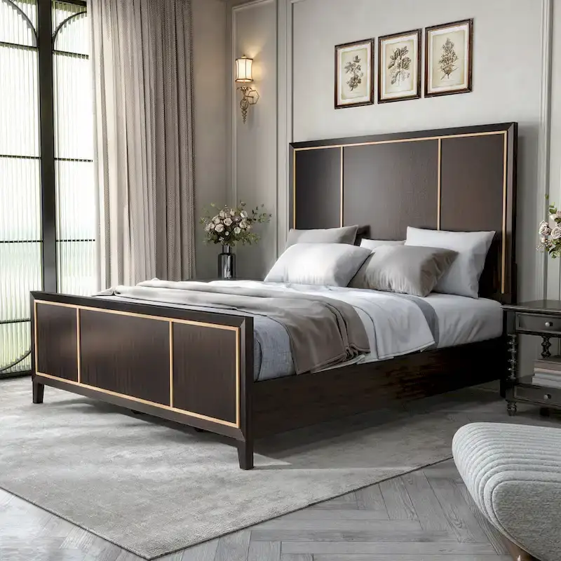 Modern Espresso Solid Wood Panel Bed