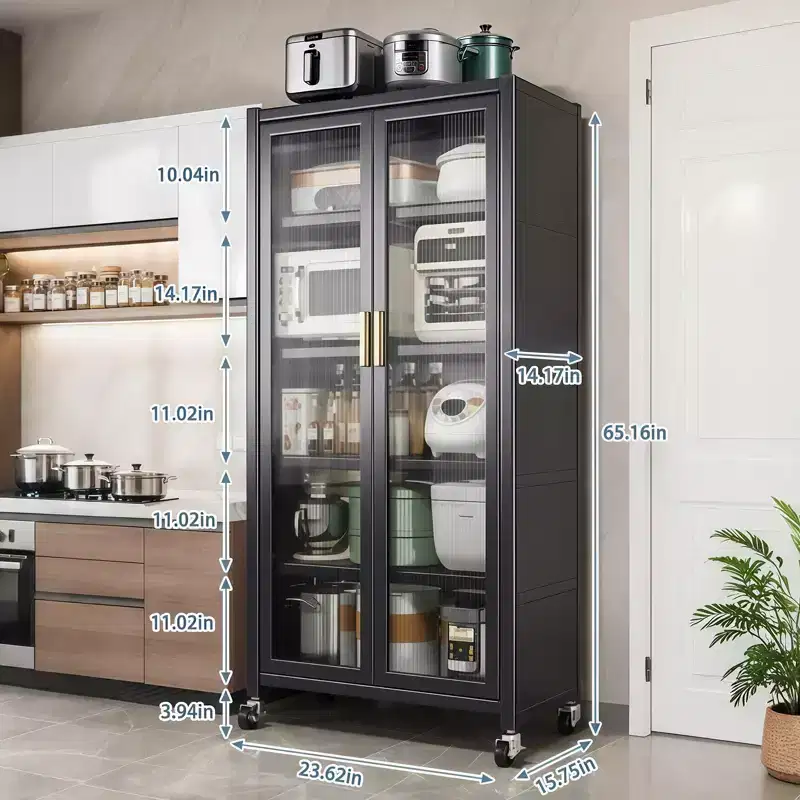 67.3 Kitchen Pantry Storage Cabinet with Acrylic Glass Door, Adjustable Shelves & Wheels,Metal Tall Food Pantries Cabinets,for Kitchen